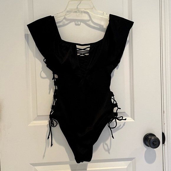NWT TiniBikini One Piece Ruffle Top Swimsuit, Black, S - Picture 3 of 8